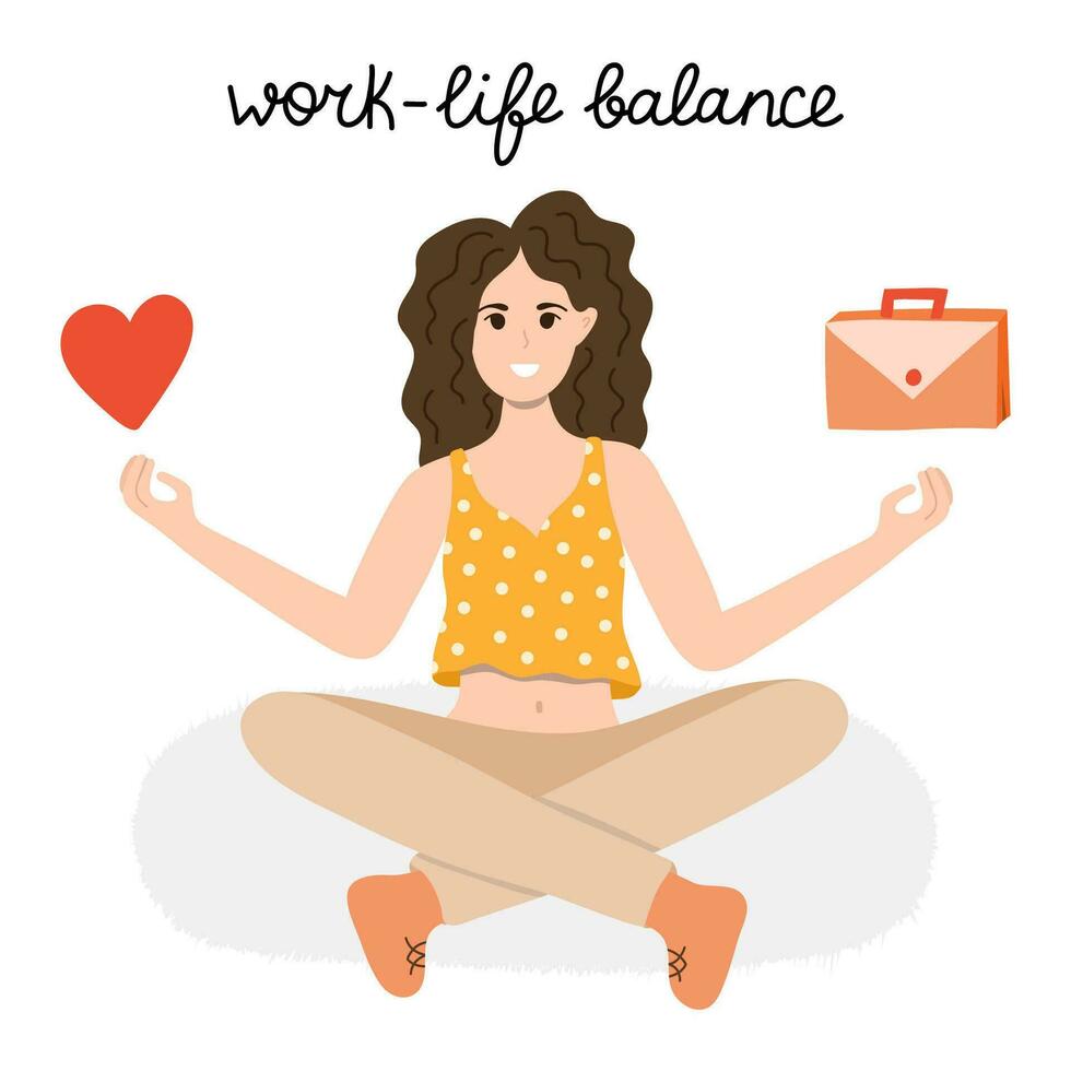 Work-life balance vector concept. A woman sits in yoga lotus position and balances between life and work. The choice between family, friends, entertainment, love and career, money, finances, job.