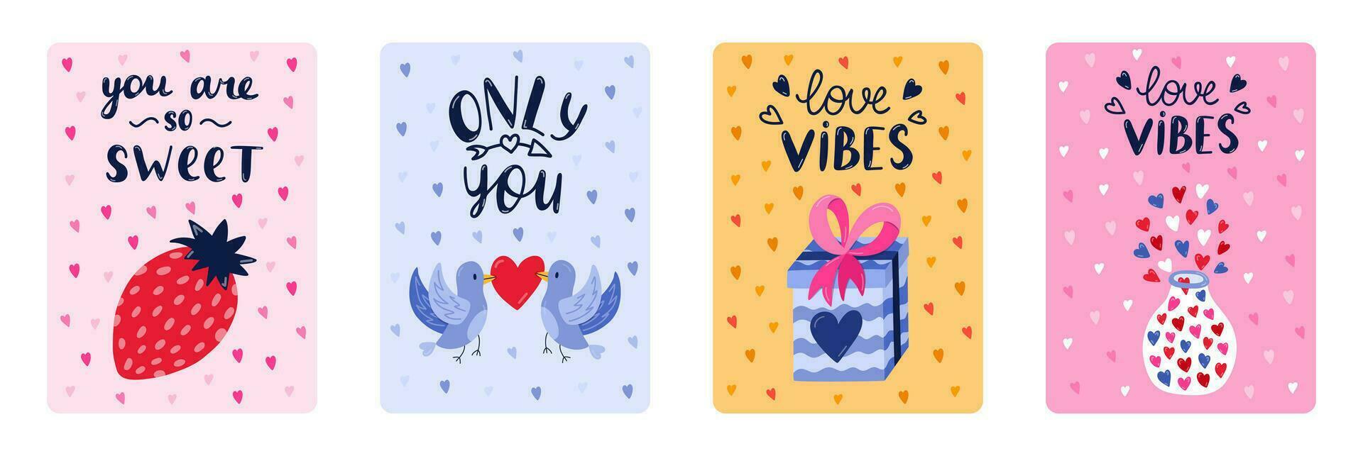 Set of cute postcard for Happy Valentine's day, birthday or other holiday. Posters with lettering and vector hand drawn illustration about love, romance, holiday, 14th February. Greeting card template