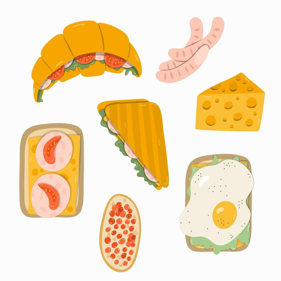 Set of food for breakfast. Variations for nourishing meal - vegetarian, healthy, fried, meat. Popular products. Toast with fried egg, cheese, sandwich with red caviar, croissant with ham, sausages. vector