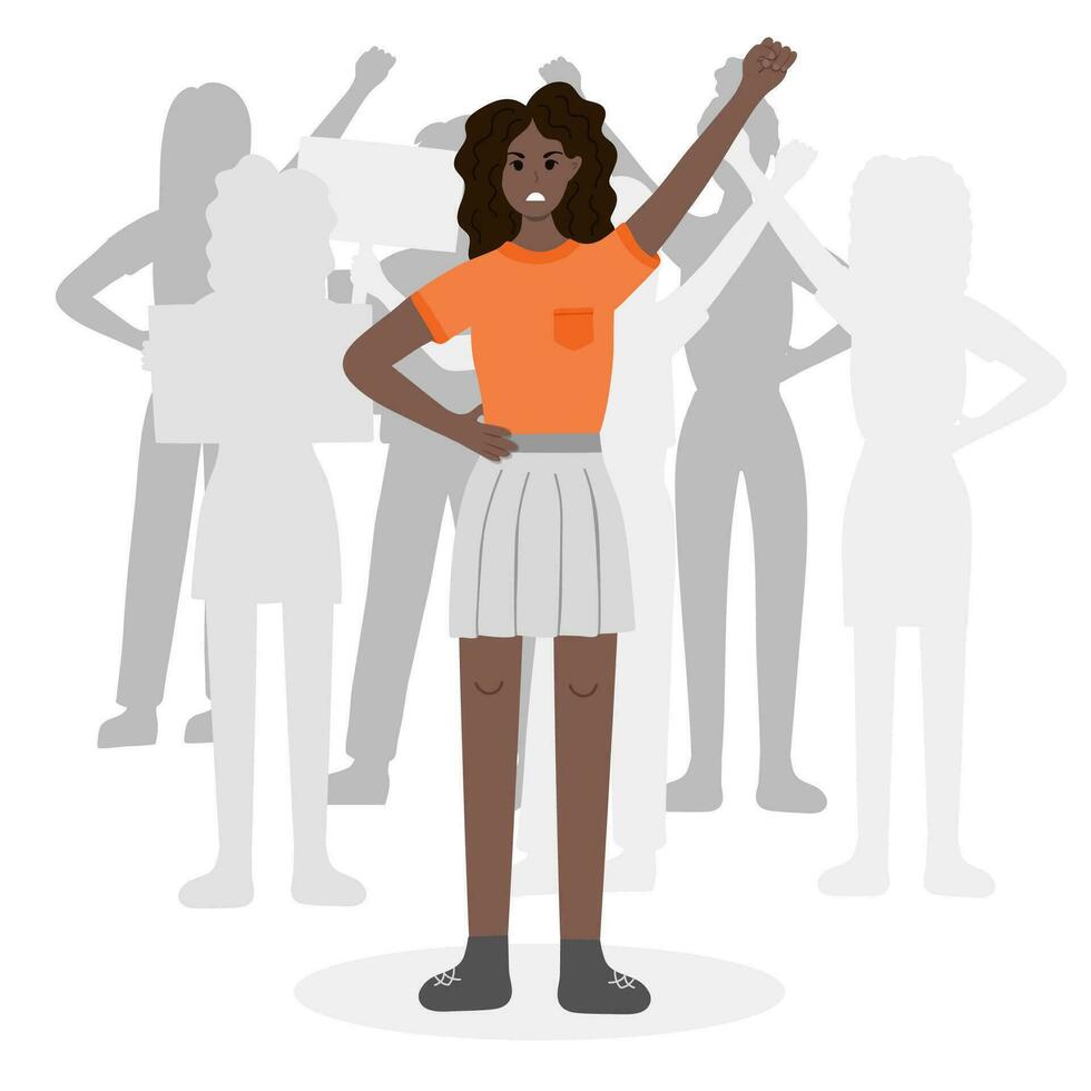 Crowd of protesters with angry girl raising fist up in front. Concept of protest, democracy, rights. Civil resistance. Hand drawn vector cartoon illustration. Female community. Demonstration