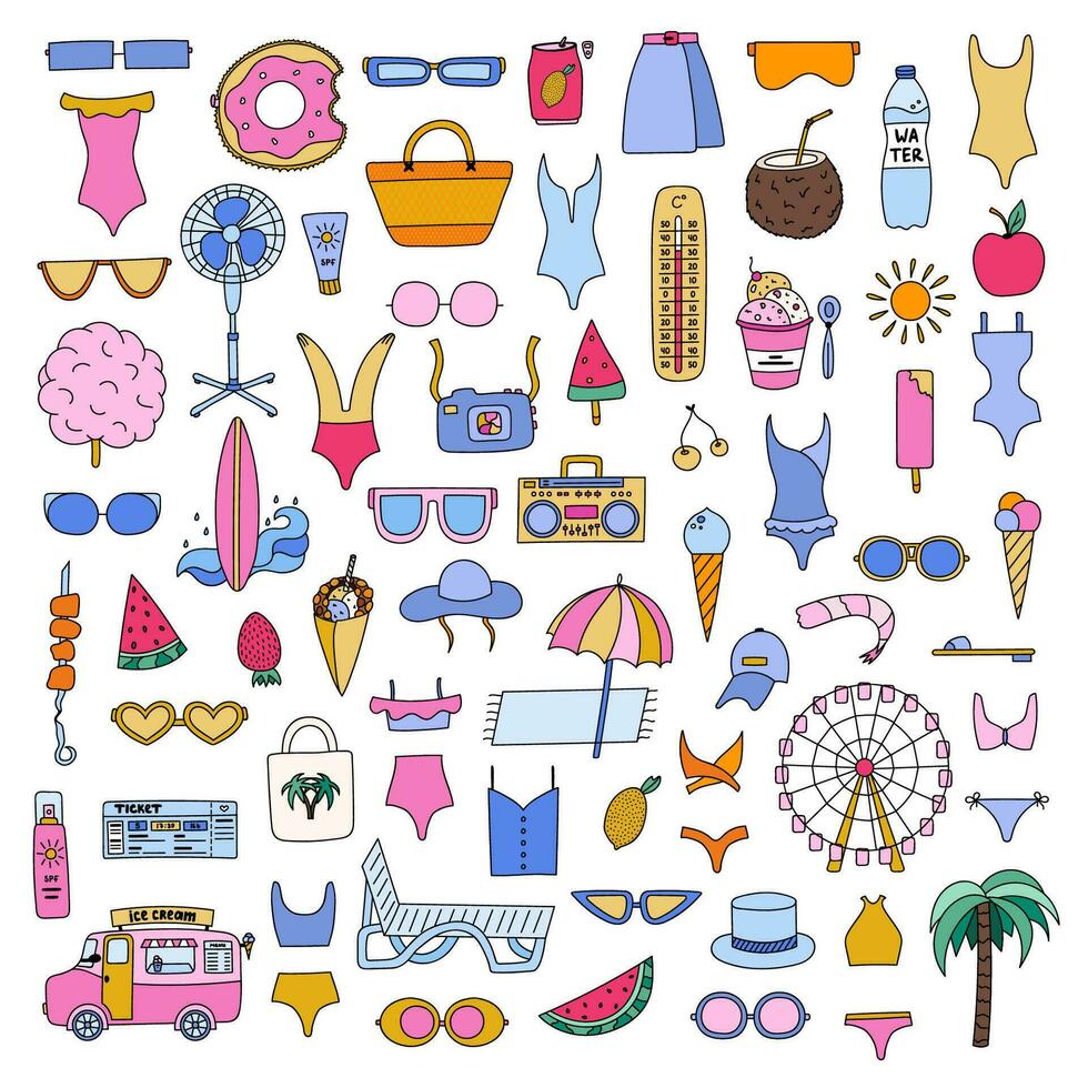 Tropical summer vacation clipart set and seamless patterns