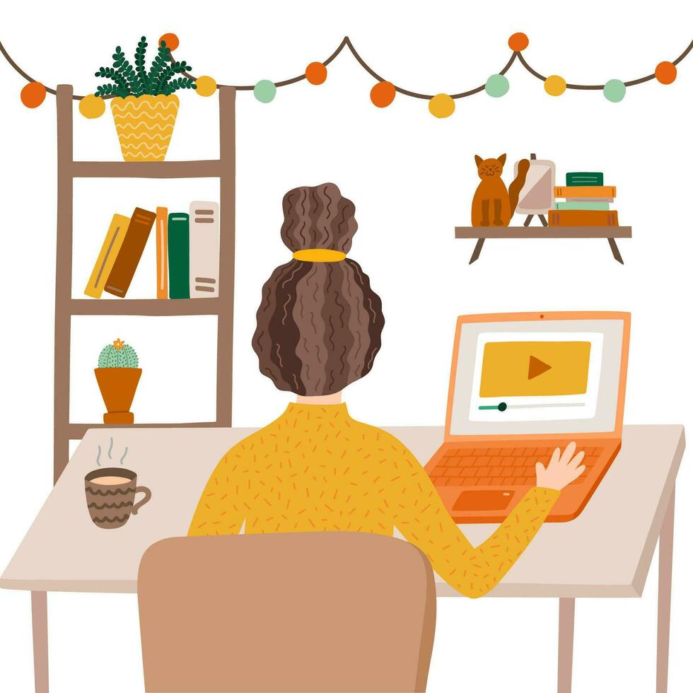 Girl is sitting before computer and watching educational or recreational video, movie. Back view. Modern concept of online education, leisure. Vector illustration with young woman at cozy home office.