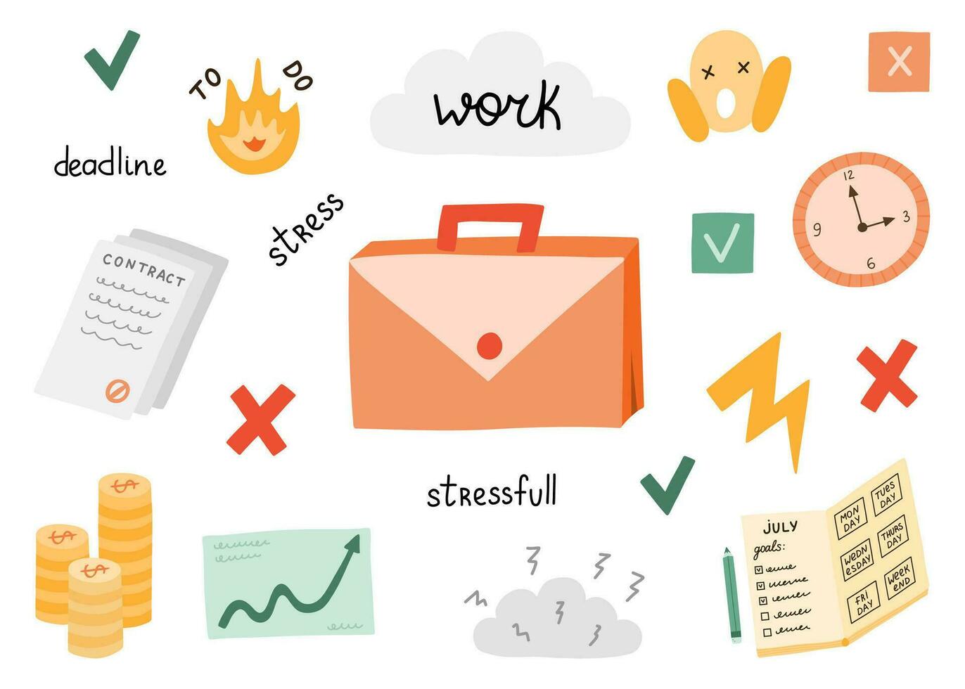 Work set with vector clipart and lettering. Concept about deadlines, stressful job, time management, planning tasks, finances, making contacts. Isolated hand drawn illustration about stress at work.