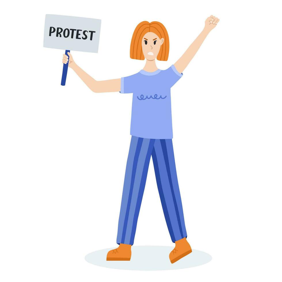 Women protests. Angry girl holding a banner and raising fist up. Concept of protest, democracy, rights. Civil resistance. Hand drawn vector cartoon illustration. Female community. Demonstration.