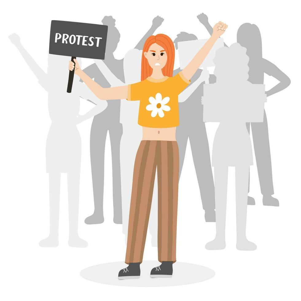 Crowd of protesters with angry girl holding a banner and raising fist up in front. Concept of protest, democracy, rights. Civil resistance. Hand drawn vector cartoon illustration. Female community