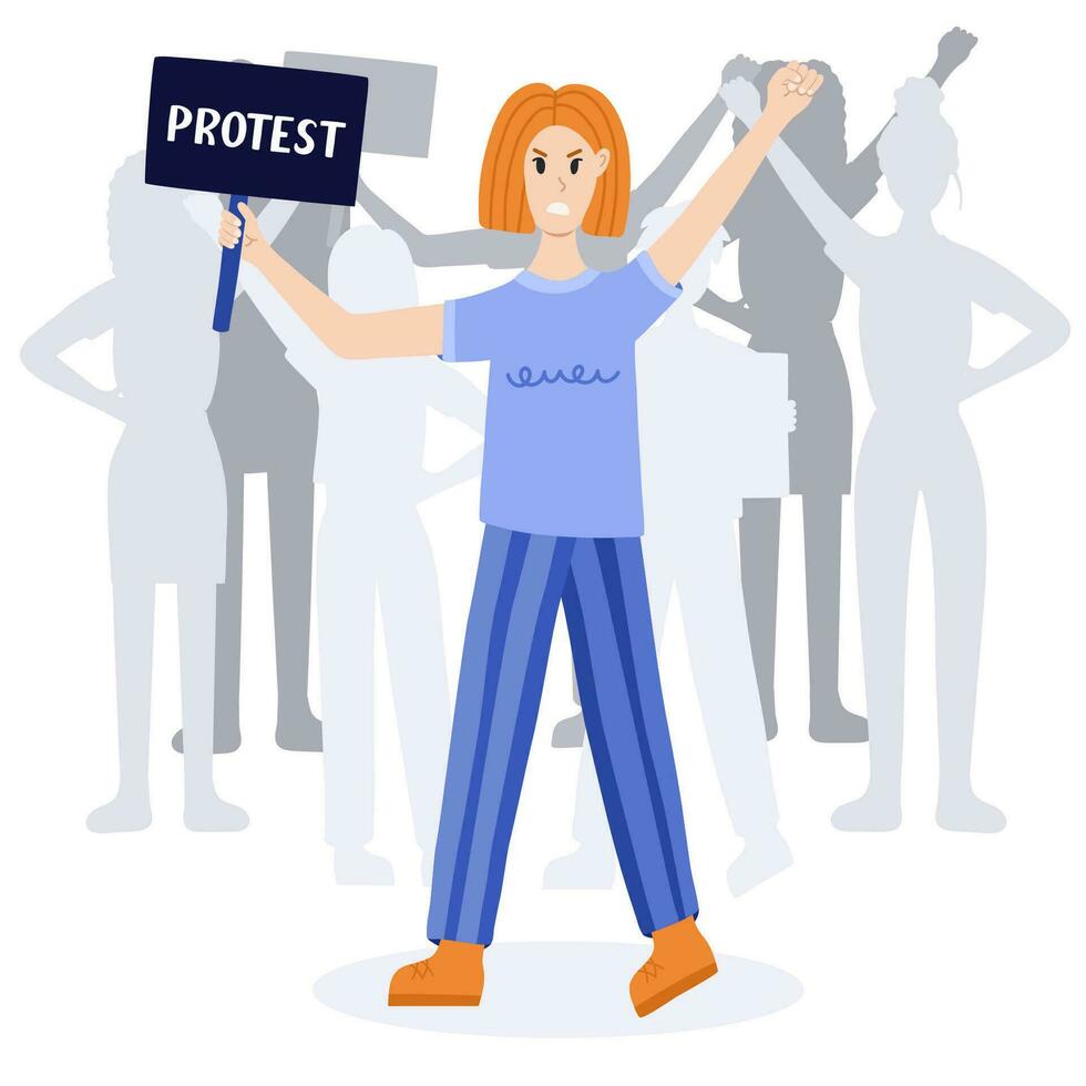 Crowd of protesters with angry girl holding a banner and raising fist up in front. Concept of protest, democracy, rights. Civil resistance. Hand drawn vector cartoon illustration. Female community