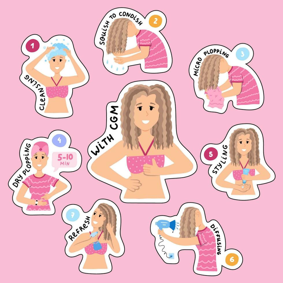 Big set of stickers of hair care process for Curly Girl Method for planners, notebooks. Ready for print list of cute stickers. Curly hair routine in steps for curly, wavy and frizzy hair. vector