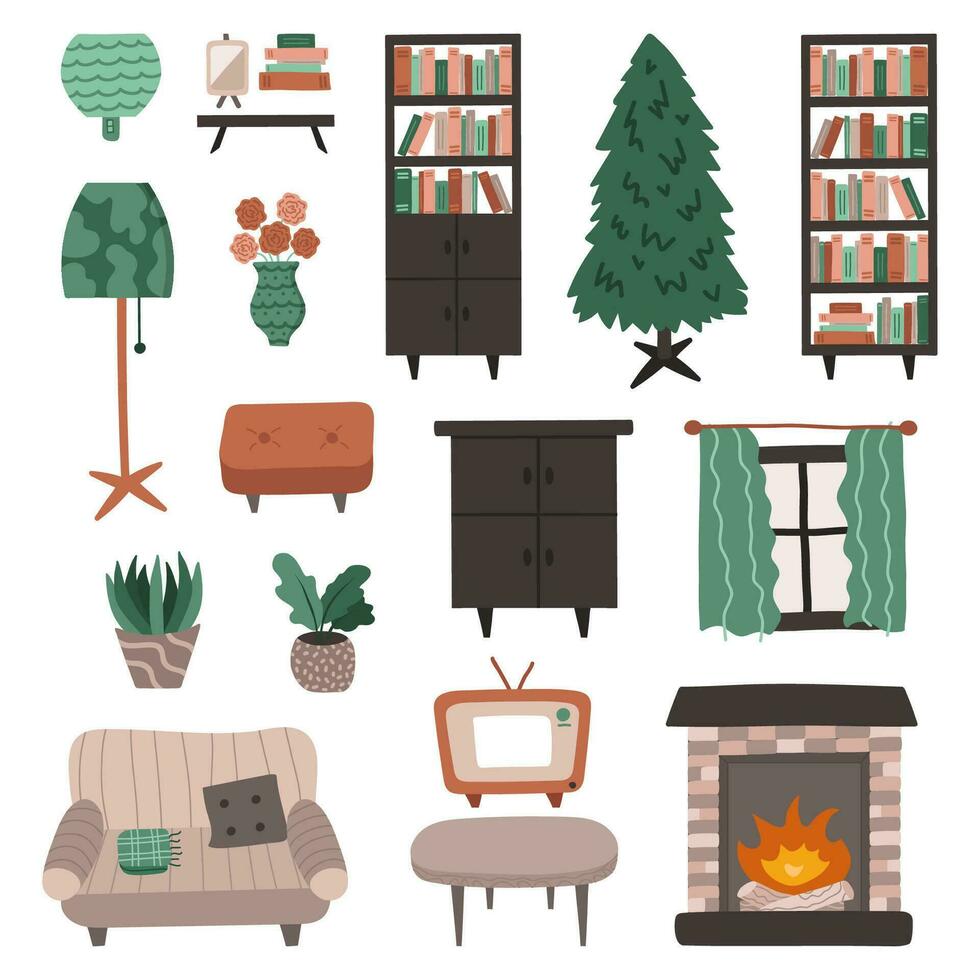 Cartoon set of furniture for living room - couches, bookcases, lamps, etc. Interior in boho style. Hand drawn vector illustration in beige and green colors. Retro home inside. Cozy domestic apartment.