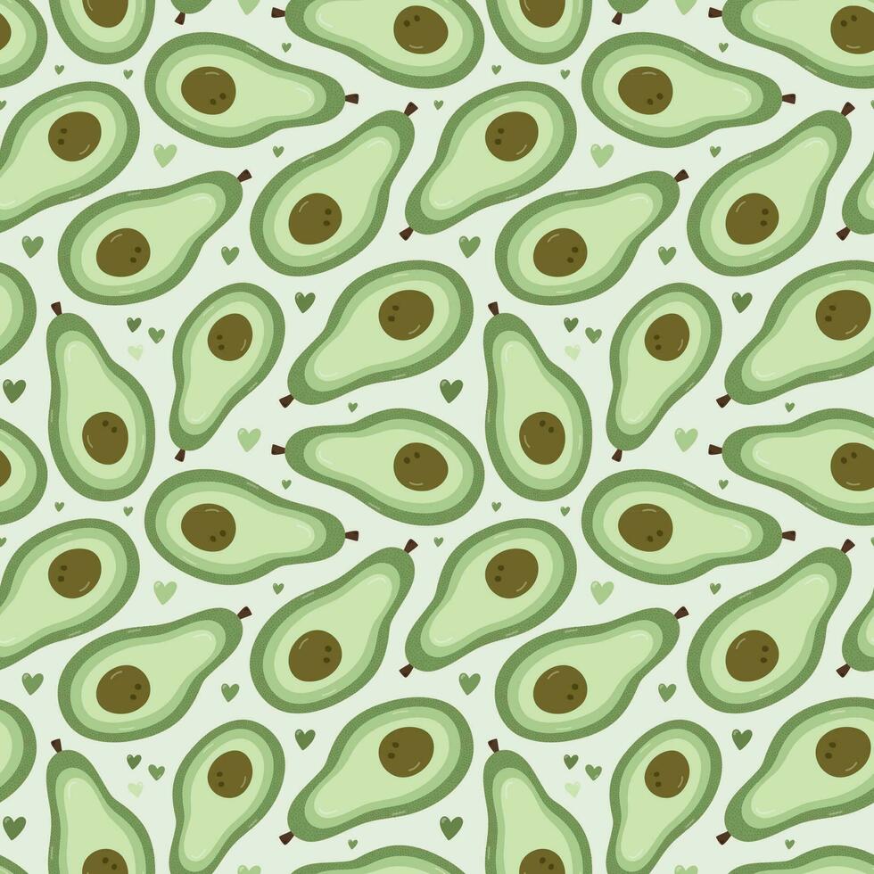 Cute and colorful vector seamless hand drawn pattern with cute hand drawn avocado cut in half and hearts. Can be used for wrapping paper, bedclothes, notebook, packages, gift paper. Vector clipart.