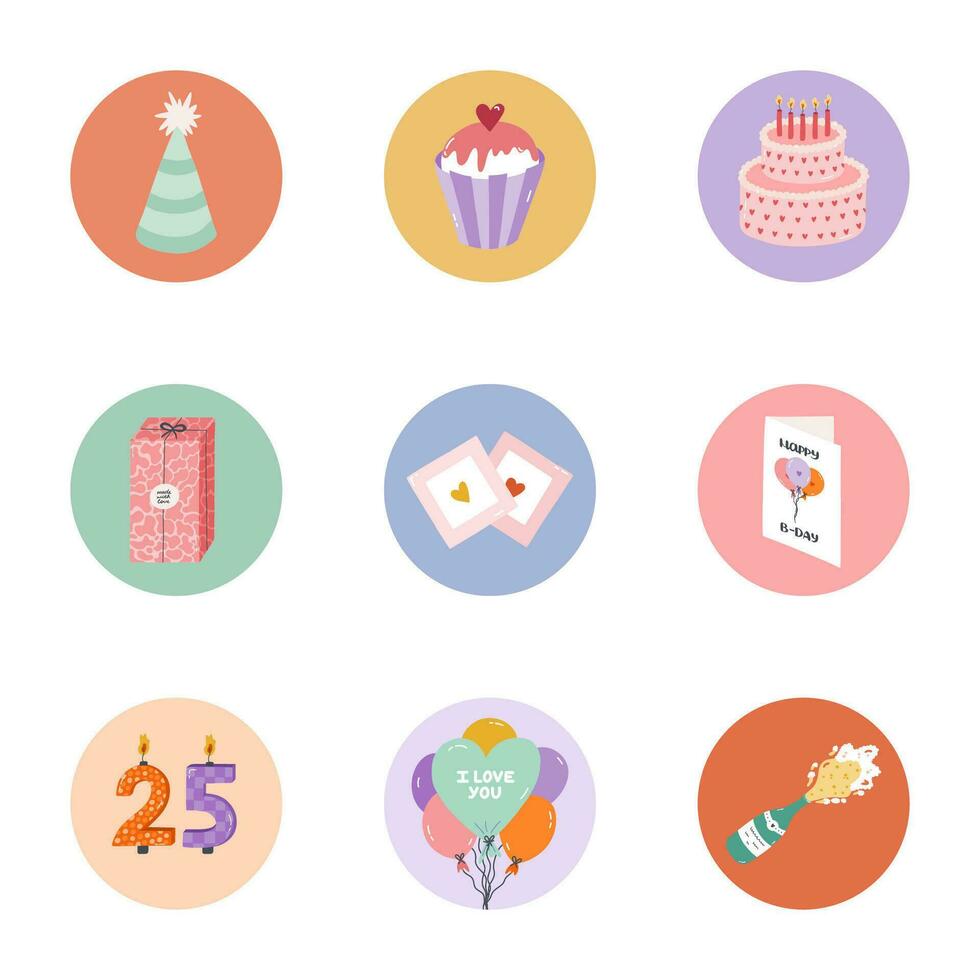 Cute and trendy highlights for different social media, bloggers and companies about birthday party, holiday, celebration, anniversary with flat illustrations. Vector hand drawn clipart