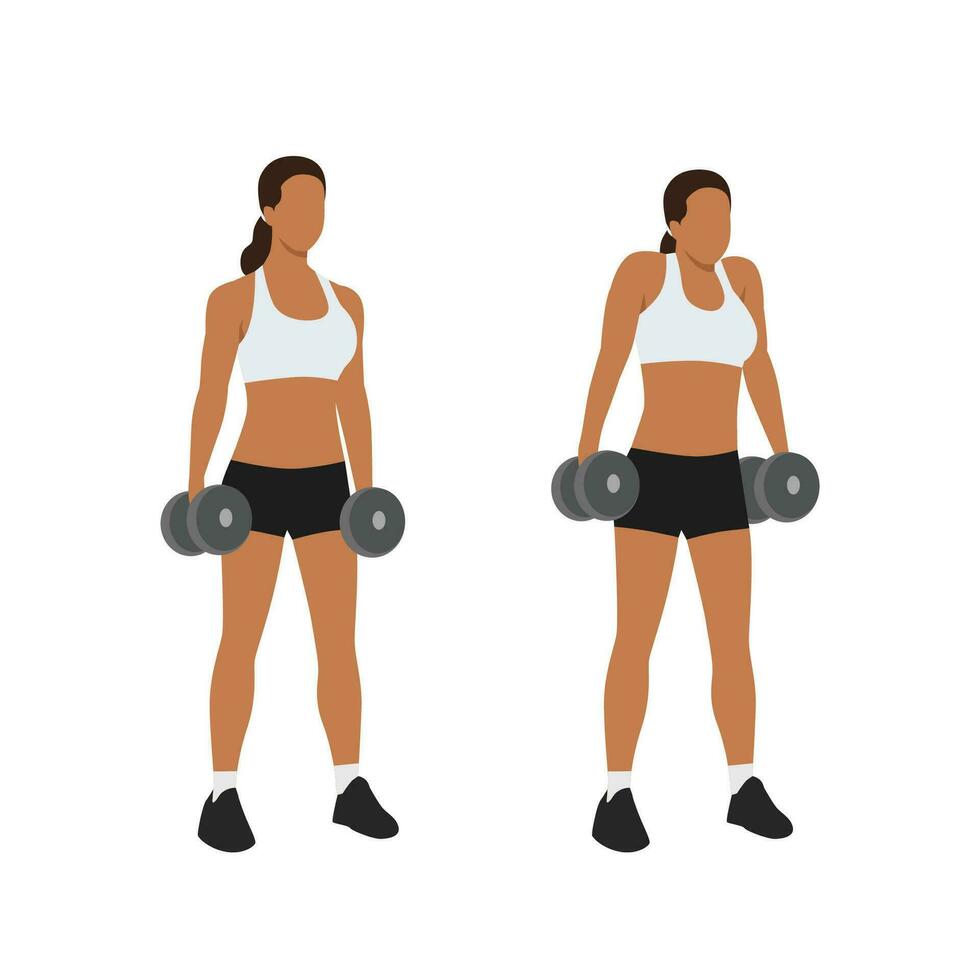 Woman doing Dumbbell shrugs exercise. Flat vector illustration isolated on white background