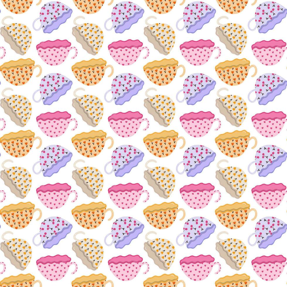 Cute and colorful seamless pattern with handmade ceramic mugs with trendy patterns. Can be used for wrapping paper, bedclothes, notebook, packages, gift paper. Hand drawn vector clipart