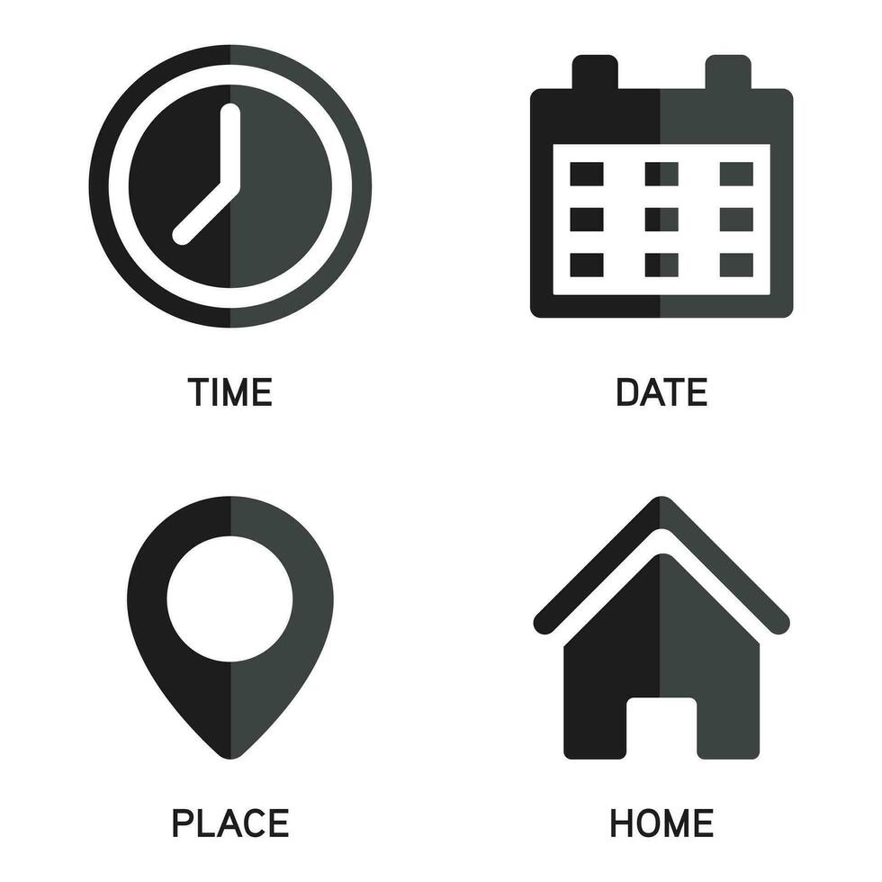 Time Clock Icon, Date Calendar, Place Pin Location Address, Home Button, Business Icon Set, Office Hour, Schedule, Reminder, Plan Design Elements, Event, User Interface Symbol Vector Illustration