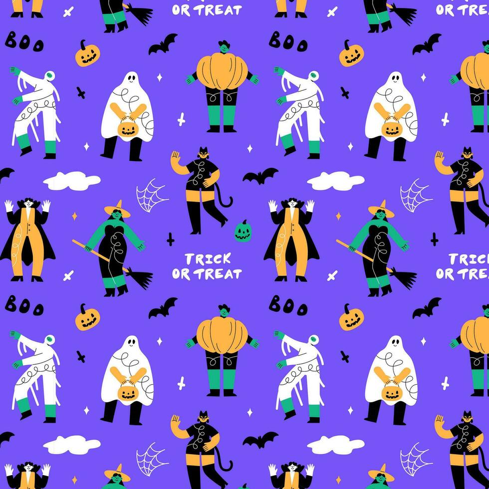 Halloween seamless pattern. People in costumes at the festival. Witch, vampire, mummy and pumpkin vector