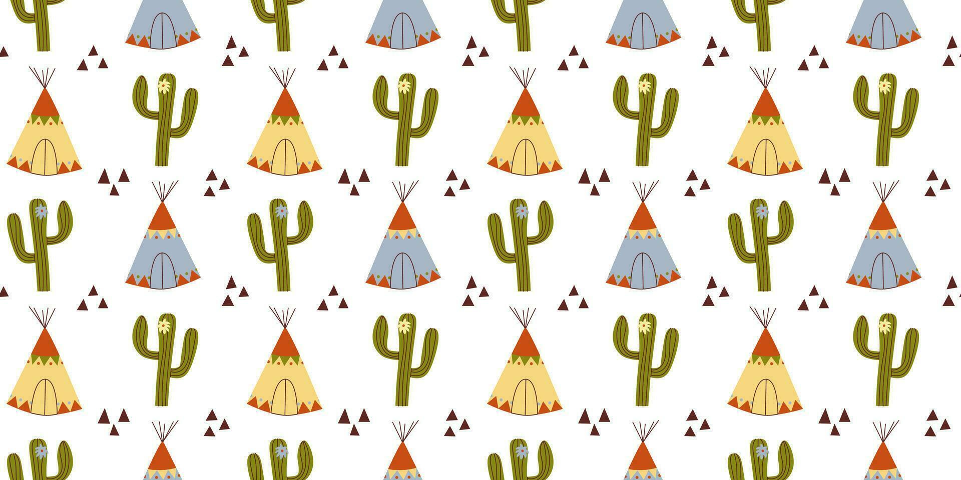 Seamless pattern with hand drawn cactus, wigwam, abstract triangles on white background in flat cartoon style. Wild west concept. For background, packaging, textile vector