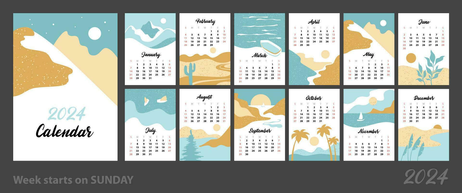 Minimalistic calendar of 2024. Beautiful flat landscapes. Posters in the Scandinavian style. Vertical layouts for printing vector