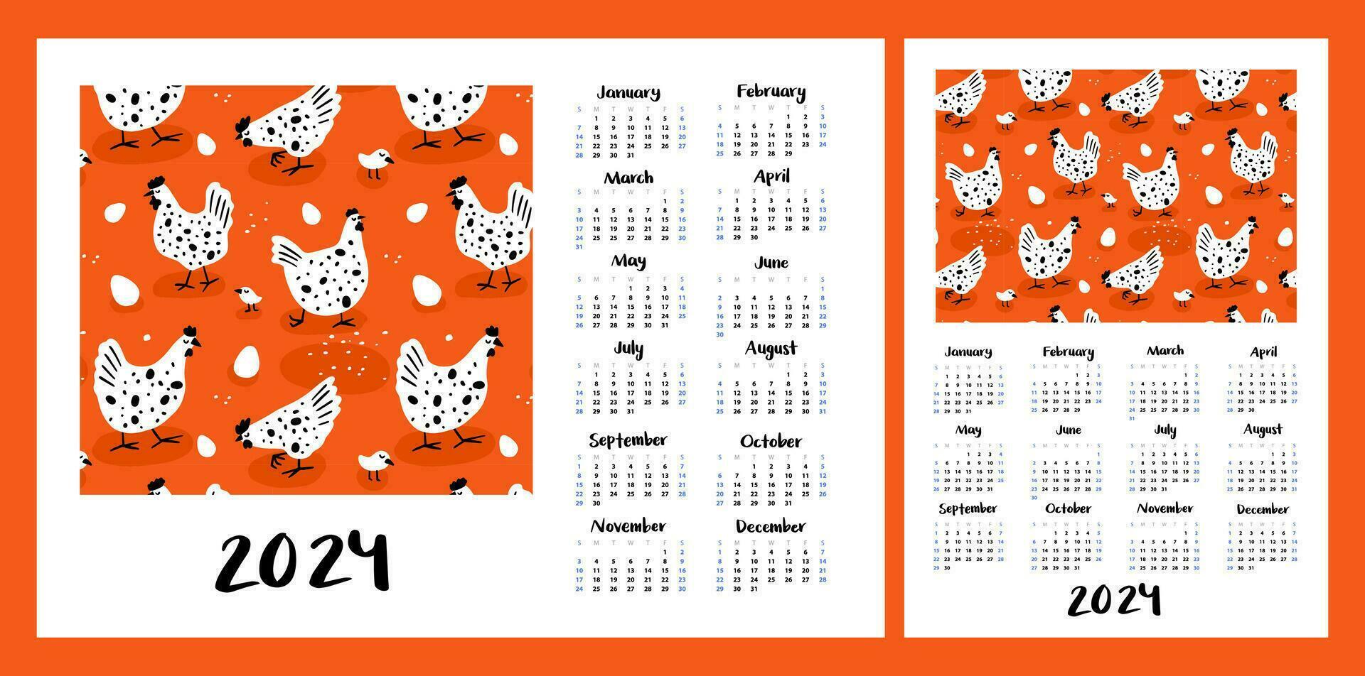 Calendar layout for 2024. Illustration of chickens and chickens. Vertical and horizontal layouts for A4, A5 printing vector