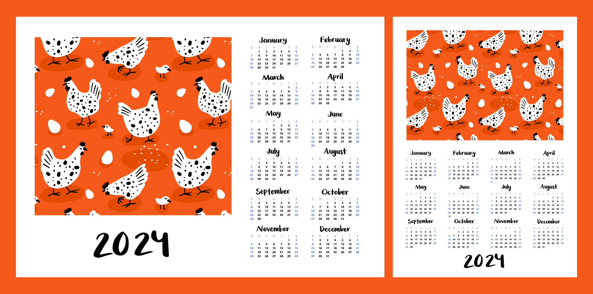 Calendar layout for 2024. Illustration of chickens and chickens