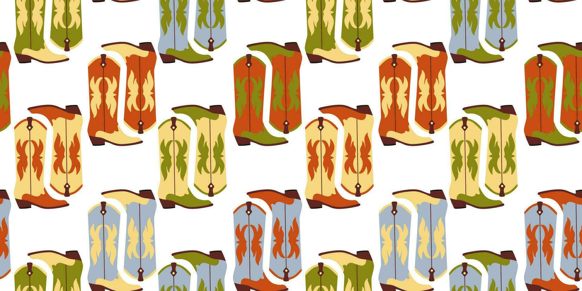 Seamless pattern with hand drawn colorful cowboy boots on white background in flat cartoon style. Wild west concept. For background, packaging, textile vector