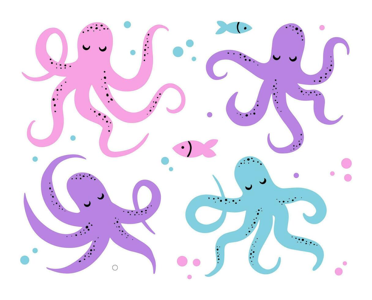 A set of fun funny octopuses. Cute children's illustrations of marine animals and fish. Print for clothes, fabrics vector