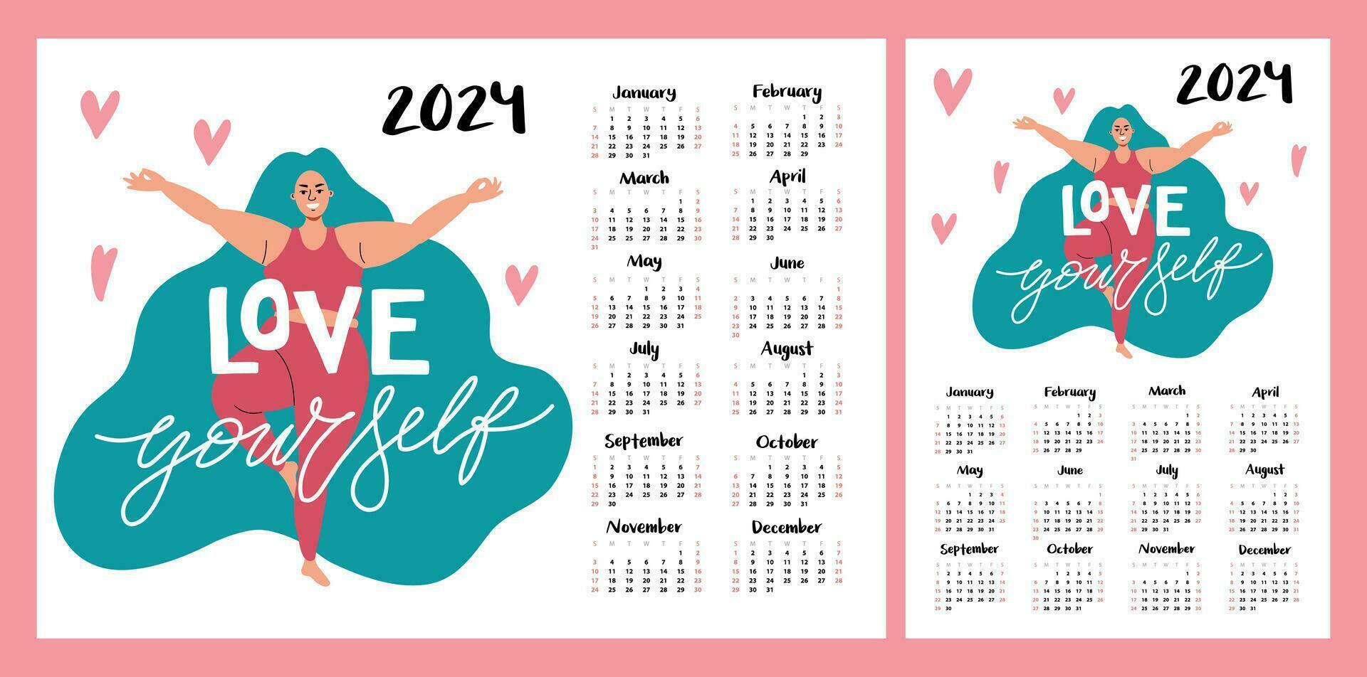 Calendar layout for 2024. A beautiful plump girl for a body positive. Horizontal and vertical printing template vector