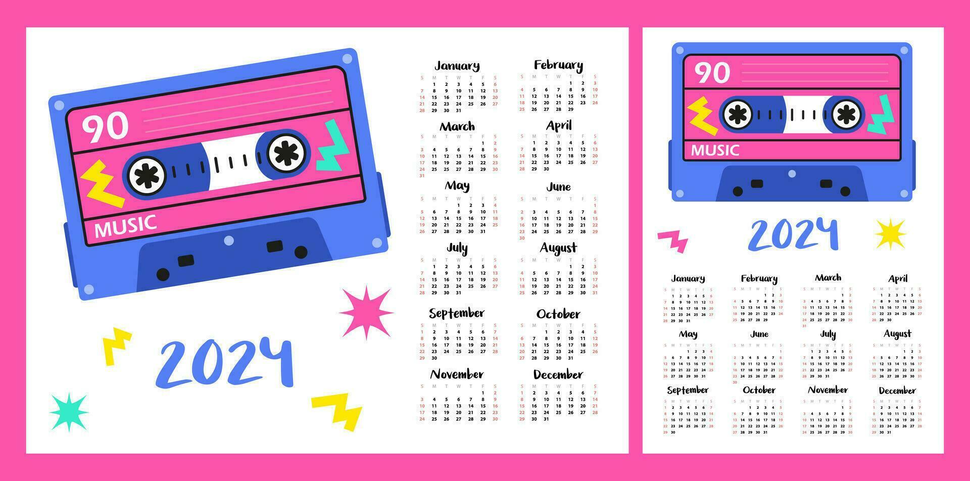 Calendar layout for 2025. The retro cassette is bright. Horizontal and