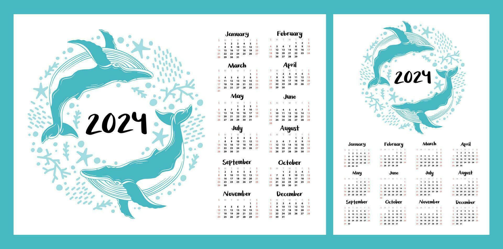 Calendar layout for 2024. Blue whales swim in the sea. Horizontal and