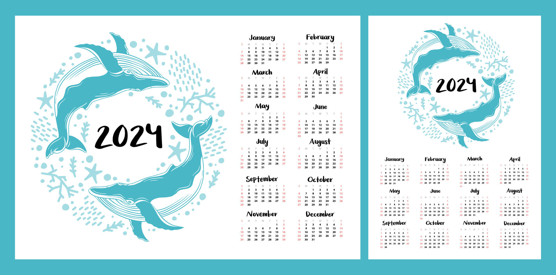 Calendar layout for 2024. Blue whales swim in the sea. Horizontal and
