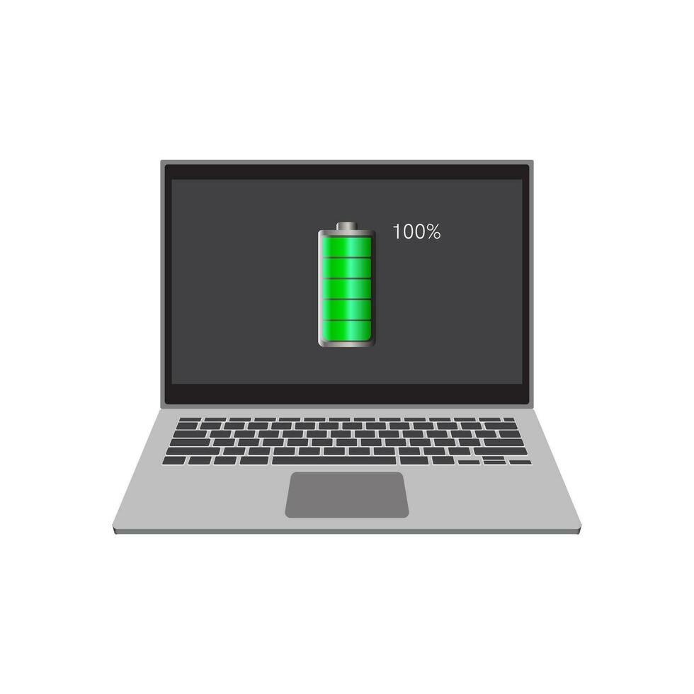 Laptop computer with full battery icon on screen, flat vector illustration EPS 10.