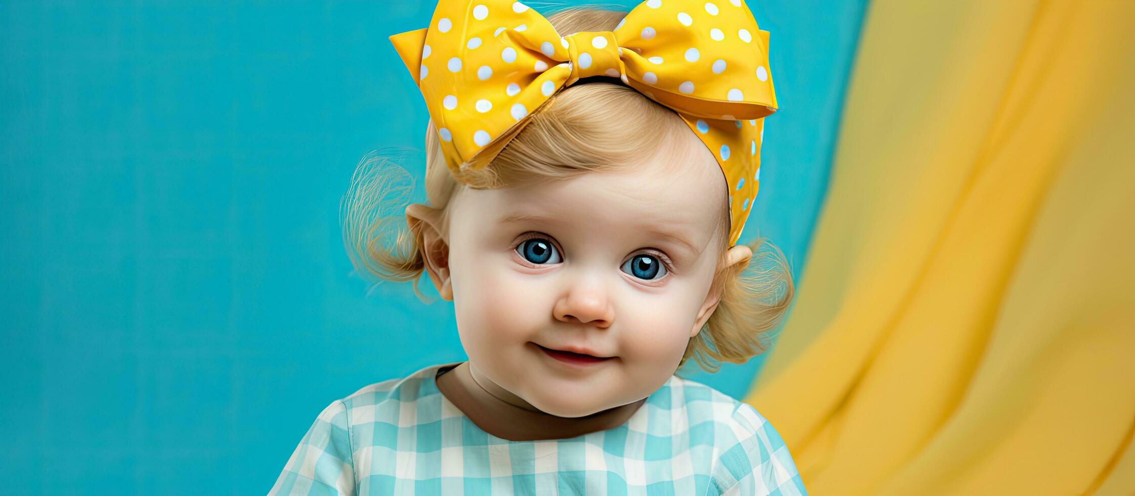 Studio portrait of a lovely baby wearing a summer dress and a large yellow bow on her head against a gray backdrop with room for text photo