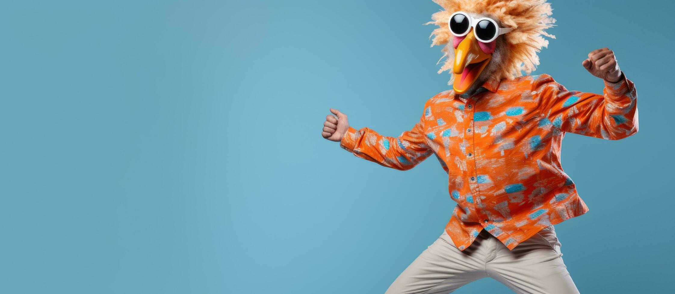 Eccentric man in orange shirt and casual pants having fun in funny chicken head mask dancing like a robot on light blue background photo