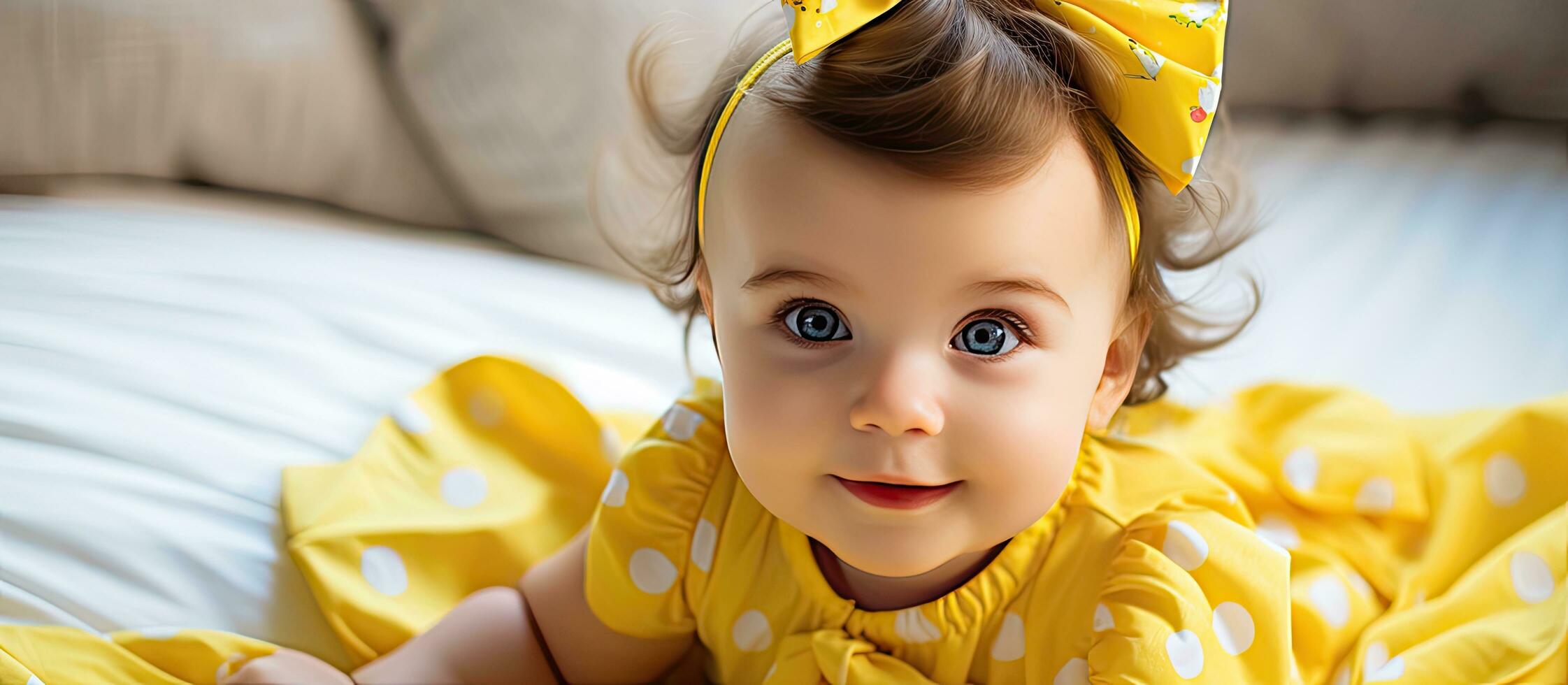 Baby girl wearing a summer dress with a large yellow bow on her head lying on a bed Background available for text photo