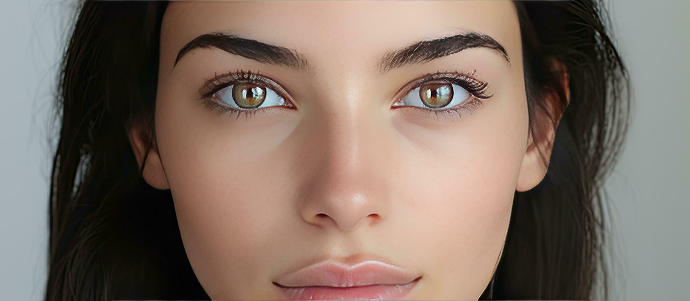 Close up of a beautiful Caucasian woman with dark hair looking at the camera White background with copy space photo