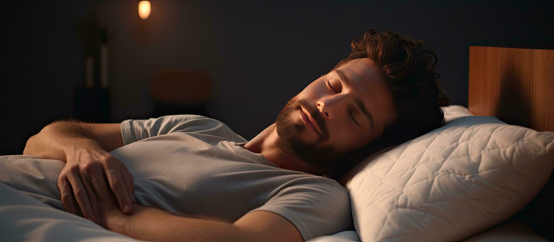 Attractive guy sleeping well in comfy bed at home happy with his orthopedic mattress and pillow photo