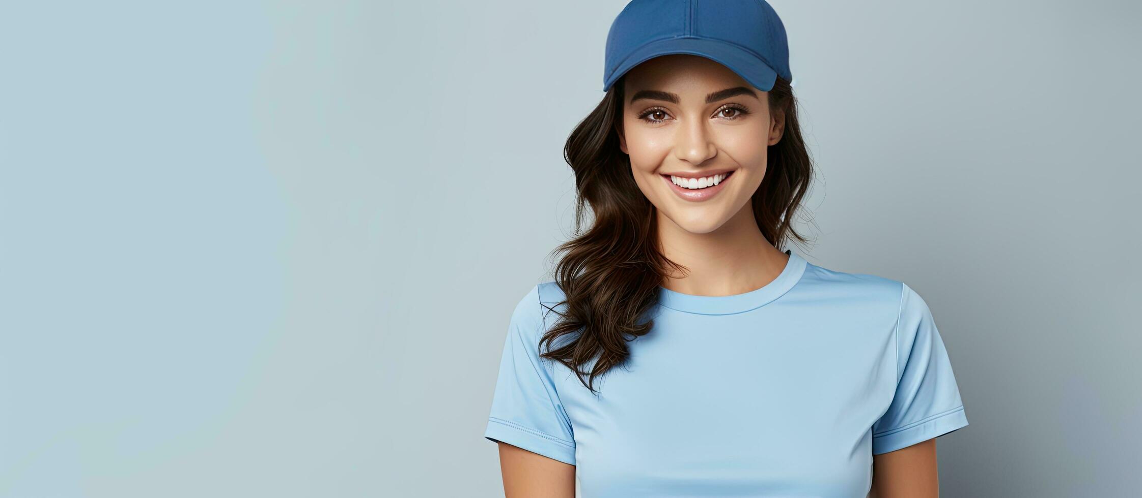 Brunette woman in blue t shirt and cap active on white background with copy space photo