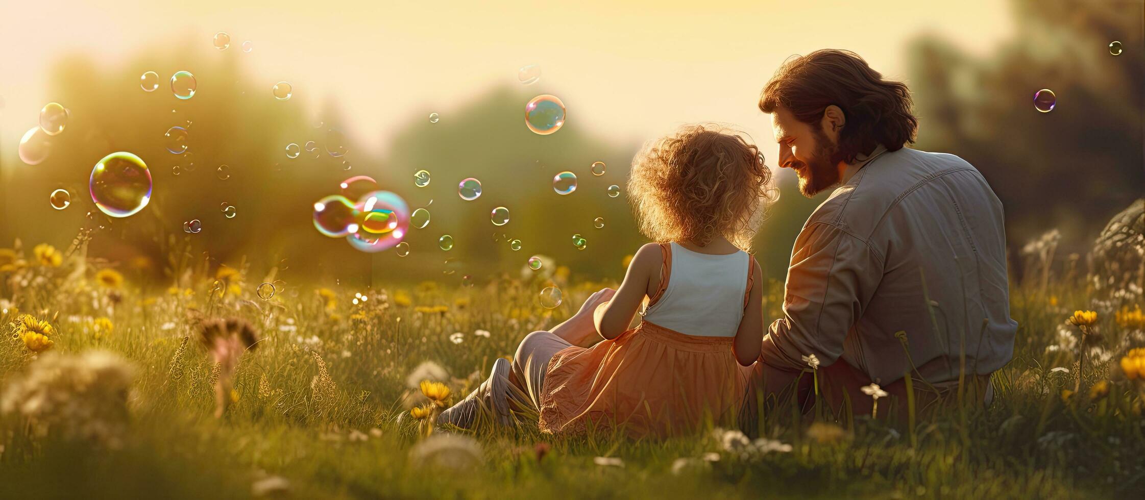 Family enjoying picnic and blowing bubbles at sunset in park text space Banner layout photo