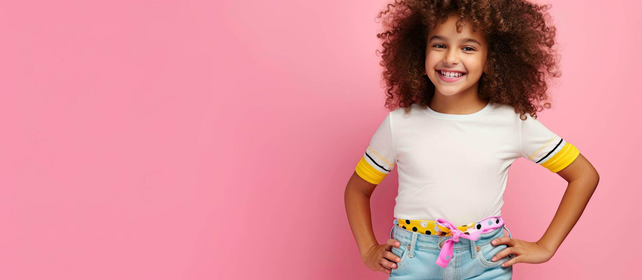 Colorful leotard clad girl with roller skates stands on pink background portraying a sporty lifestyle copy space available photo