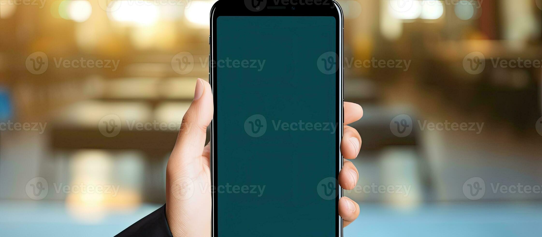 Student using large touchscreen smartphone with blank screen concept of online learning and mobile apps space for text photo