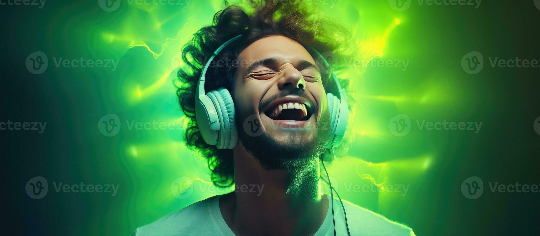 A happy DJ style man with closed eyes dancing and singing while wearing headphones on a green background with neon light photo