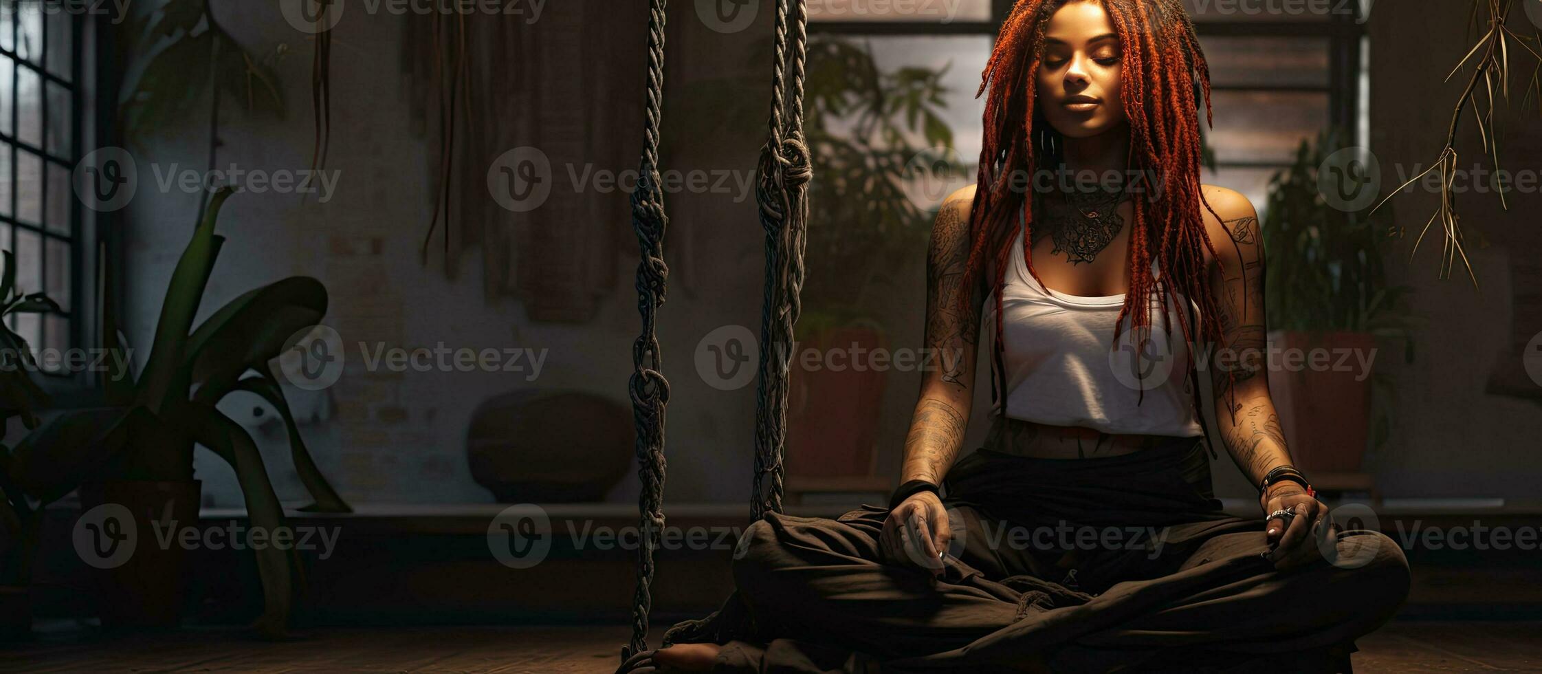 Smiling woman with colorful dreadlocks sitting on swing in well lit room with houseplant in foreground Empty area for text photo