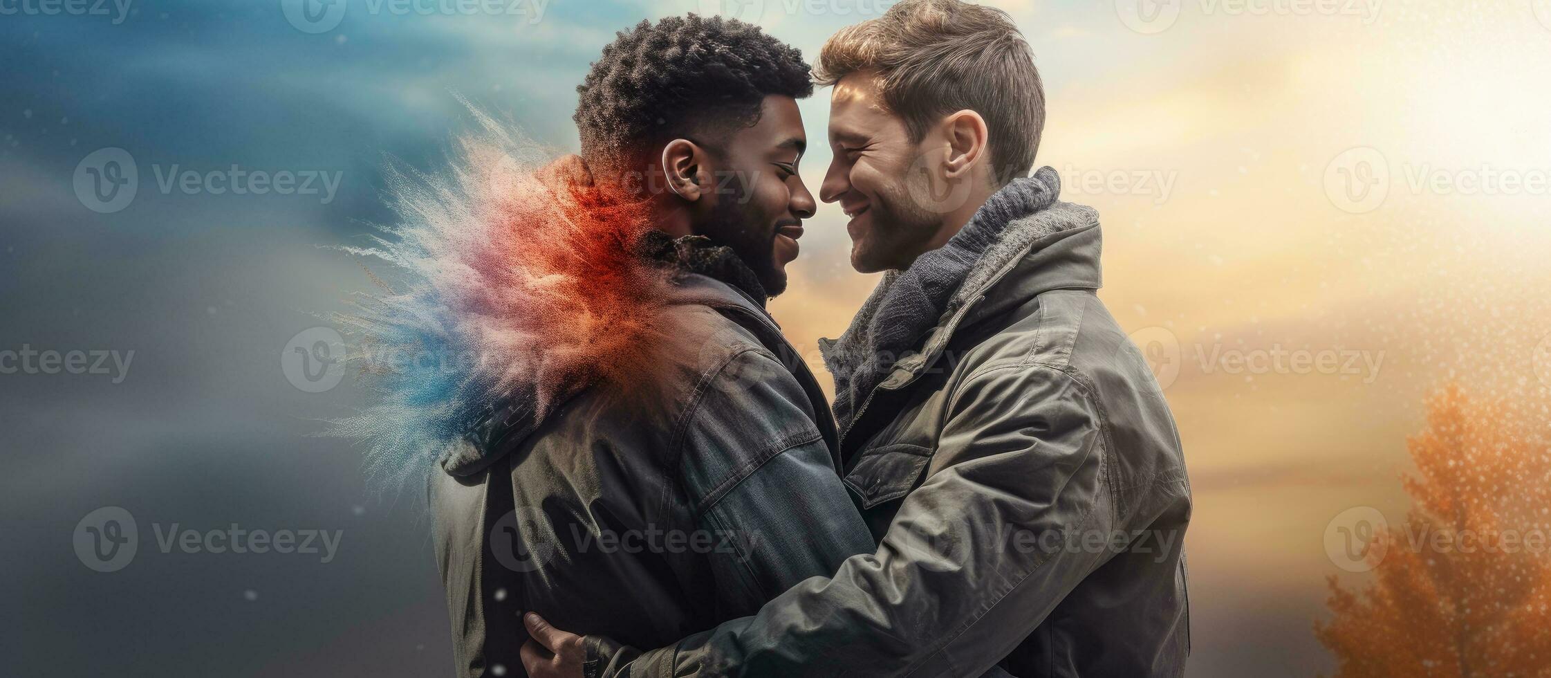 Two people from the LGBT community embracing outside while traveling with an empty area available for text or other content photo