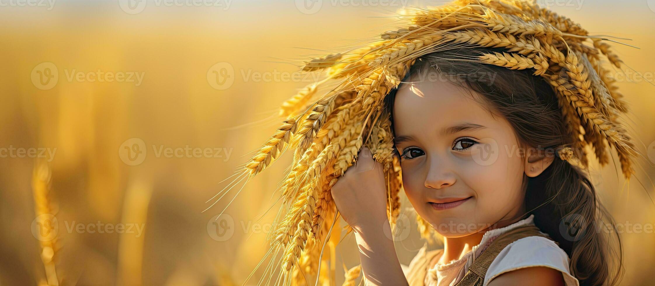 A young girl wearing a ear wreath and holding a bunch of wheat near ripe golden wheat Space for text photo