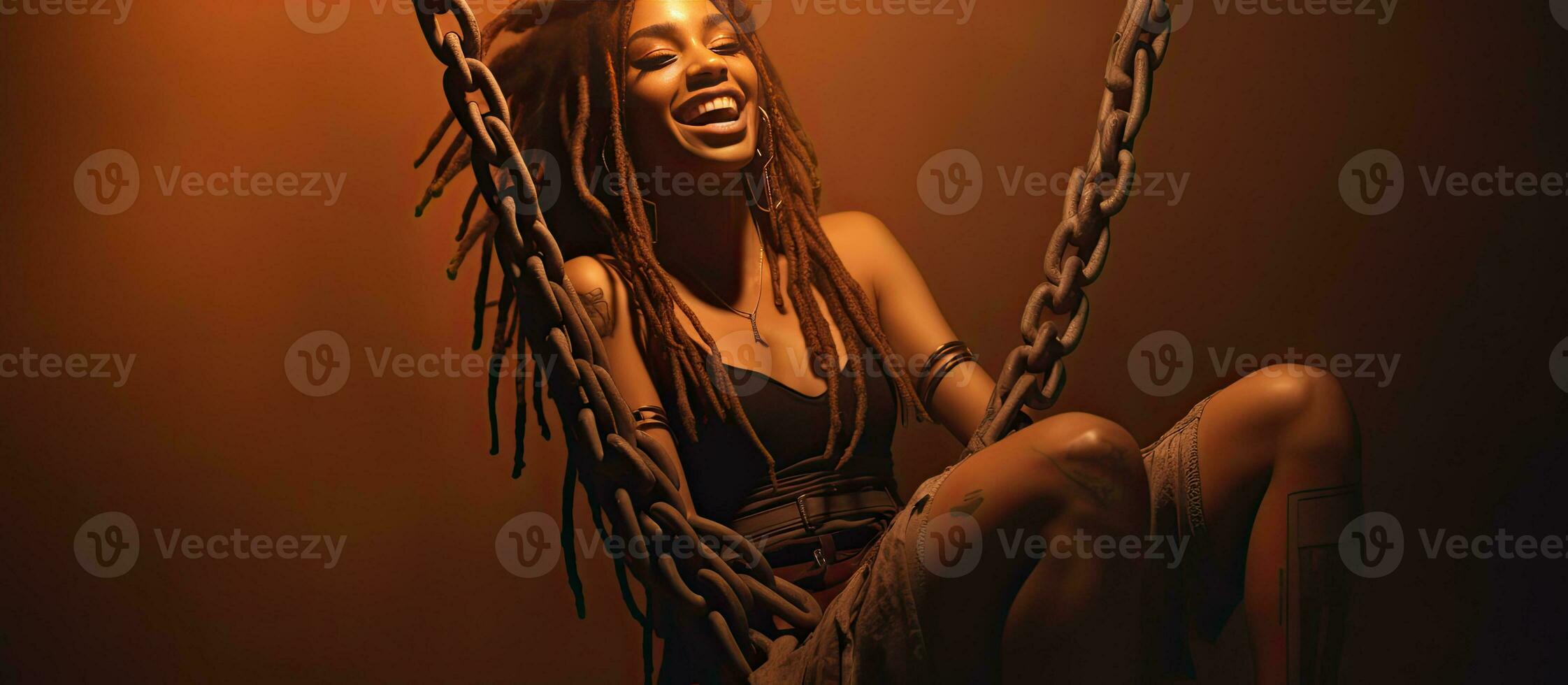 Smiling woman with colorful dreadlocks sitting on swing in well lit room with houseplant in foreground Empty area for text photo