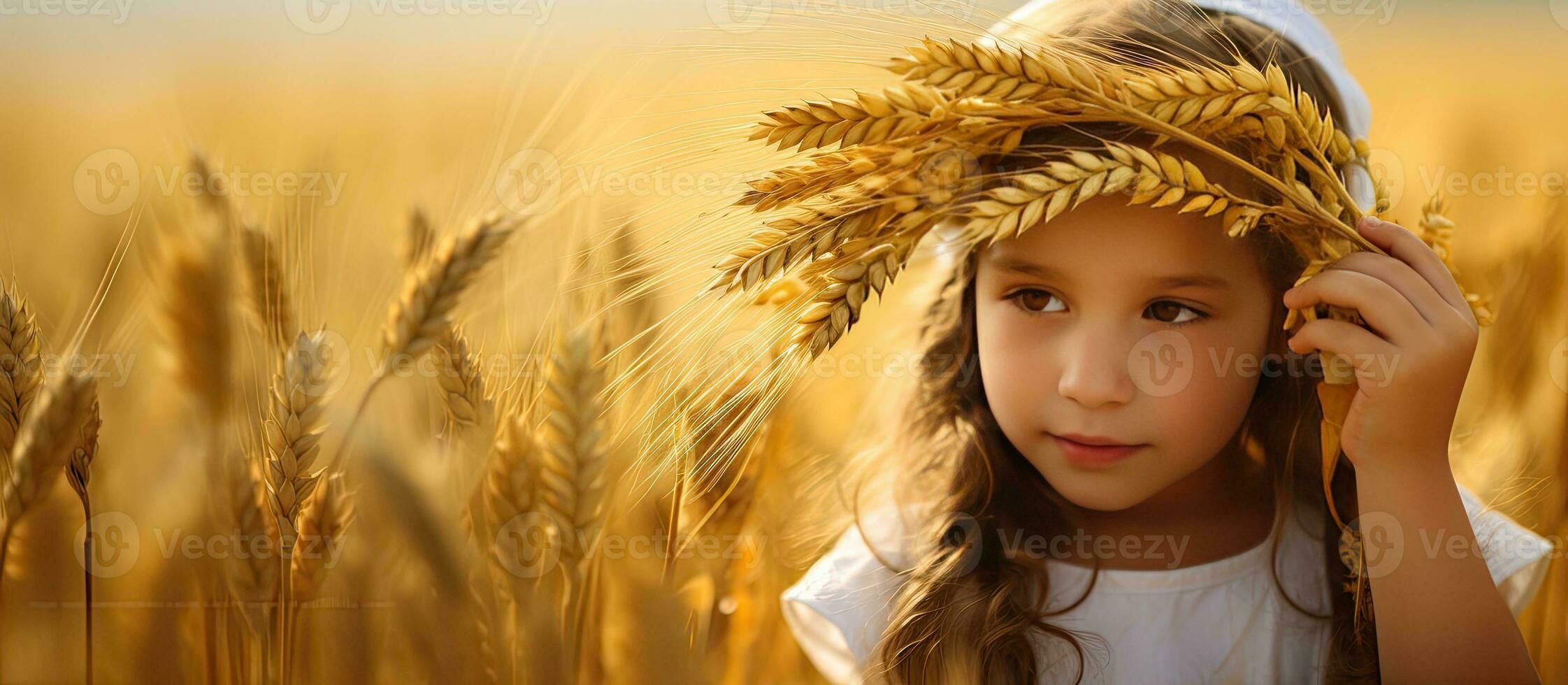 A young girl wearing a ear wreath and holding a bunch of wheat near ripe golden wheat Space for text photo