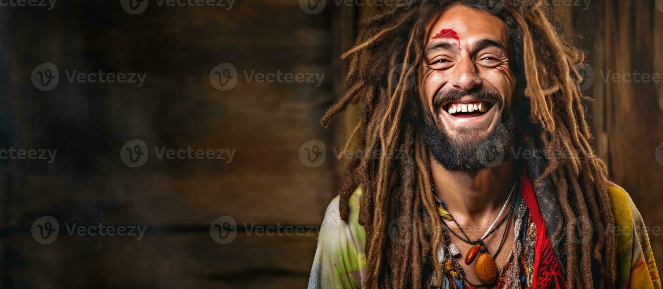 Smiling man resembling a hippie rastaman on grunge background photo