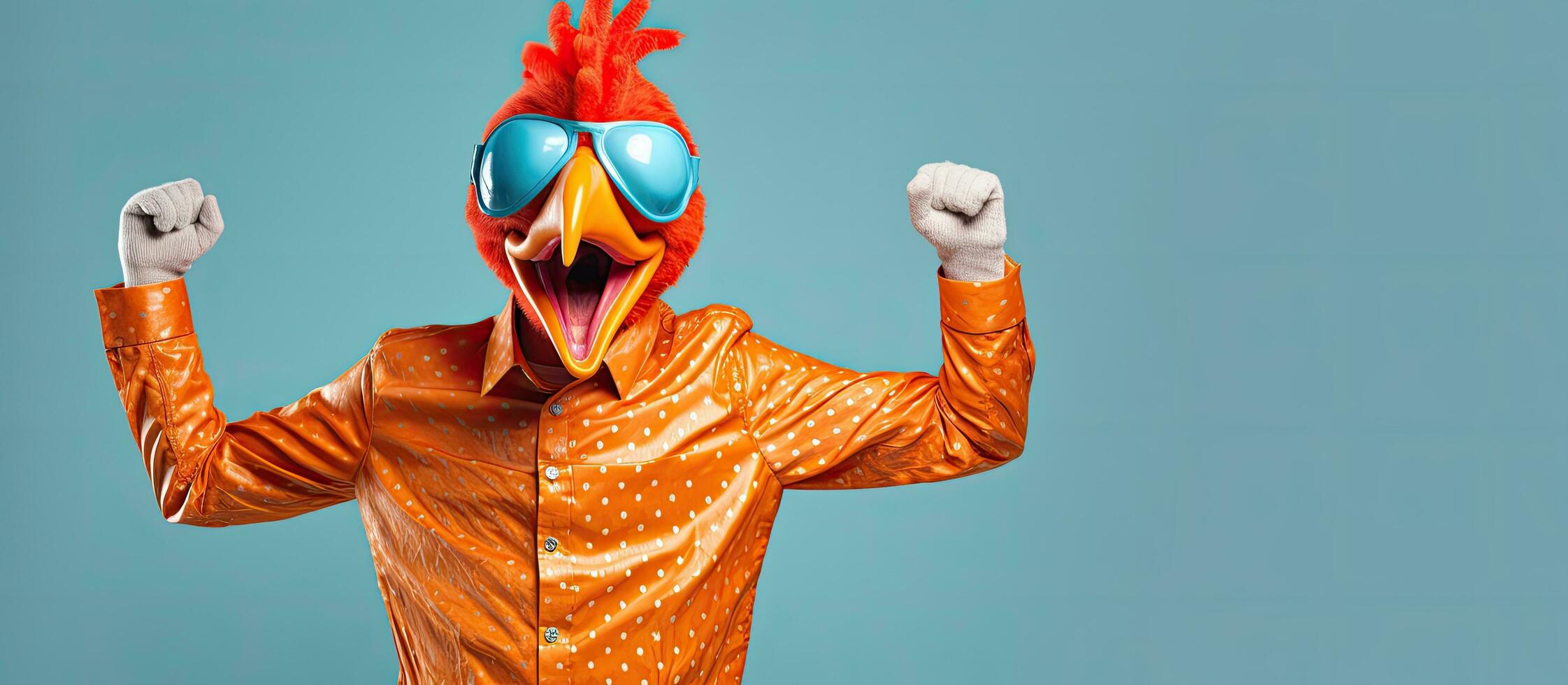 Eccentric man in orange shirt and casual pants having fun in funny chicken head mask dancing like a robot on light blue background photo