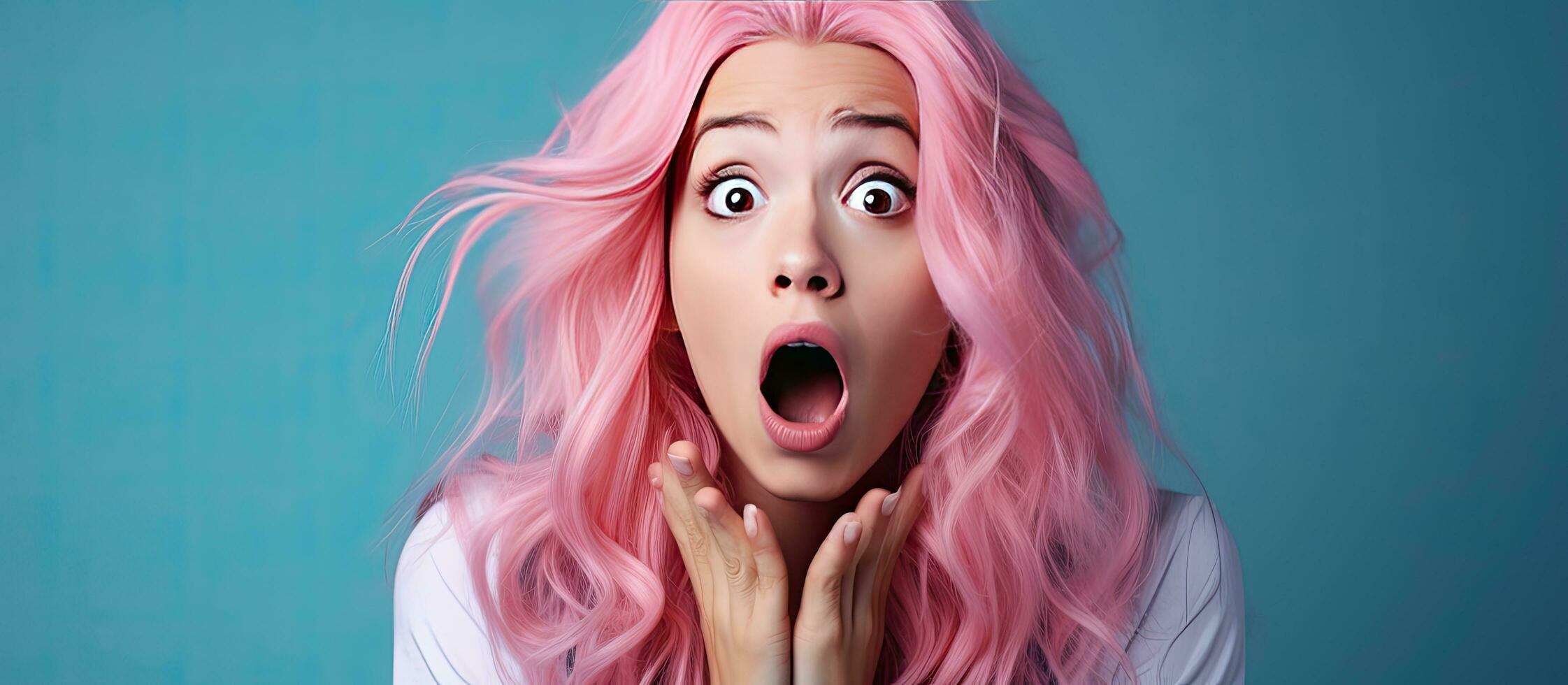 A shocked girl in a stylish pink top and pink hair standing on a blue background hands over her face promoting a doll trend photo