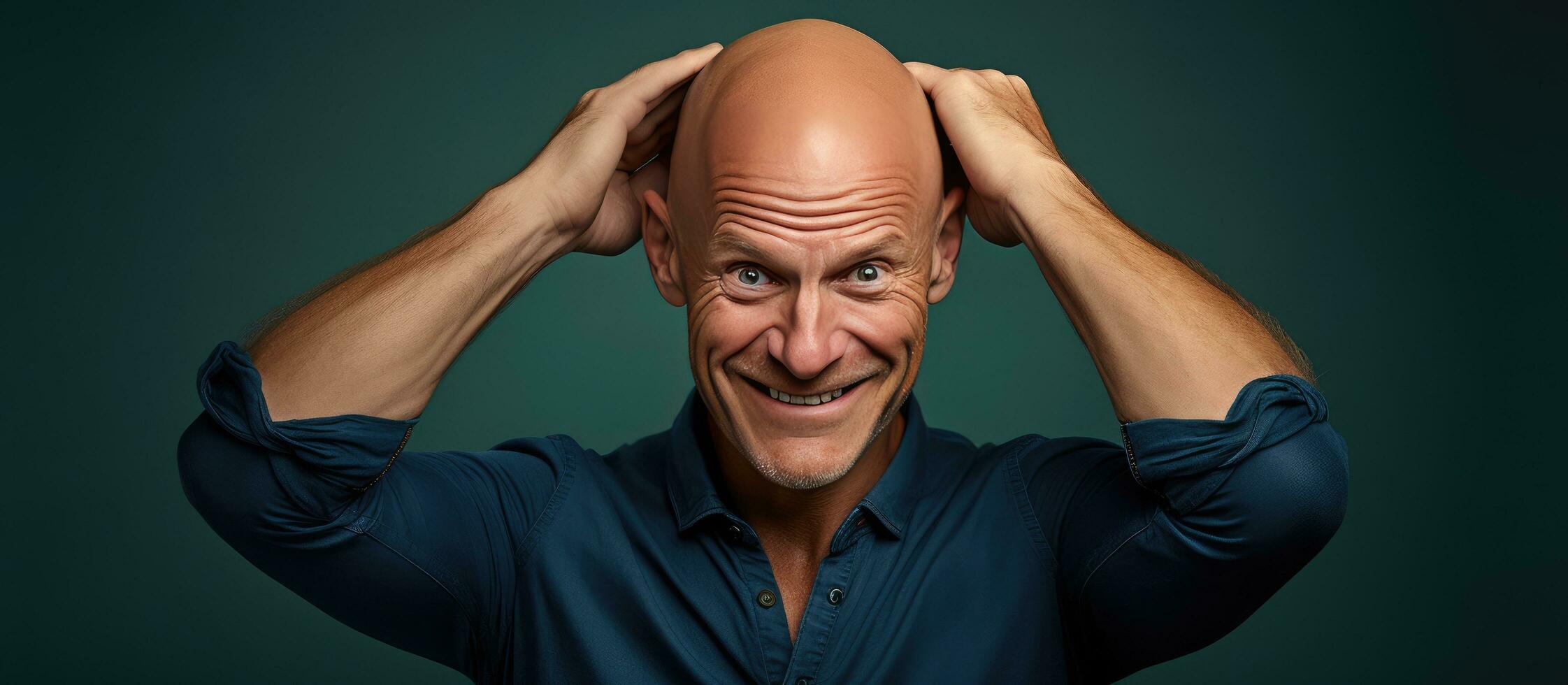 Mature bald man confidently poses with hand on head smiling at camera copy space photo