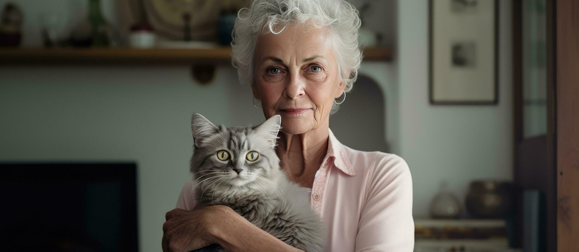 Elderly woman with cat alone at home showing signs of dementia and depression photo
