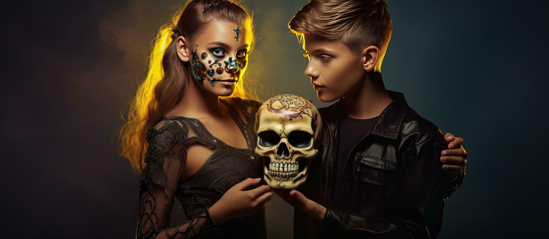 Young witch and sugar skull boy with skeleton and sign Halloween celebration with costumes make up and hairstyle Studio portrait with colorful lighting photo